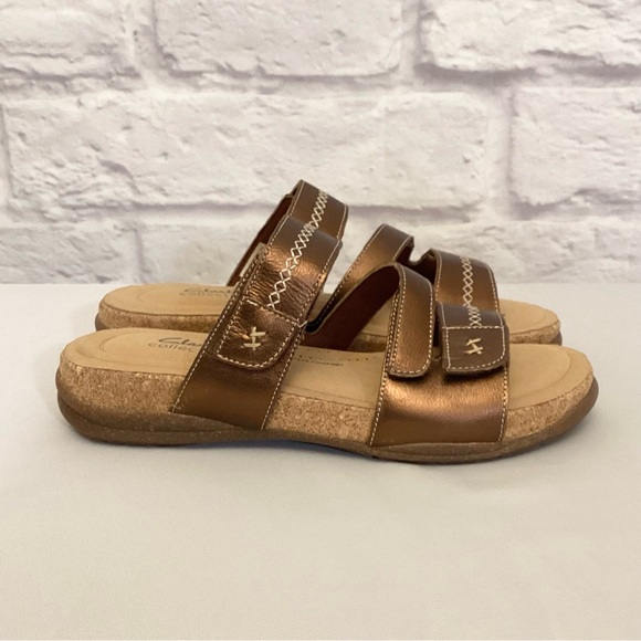 Clarks 9.5W Roseville Bay Women’s Leather Cork Copper Sandals Wide Comfort Shoes - Picture 8 of 9